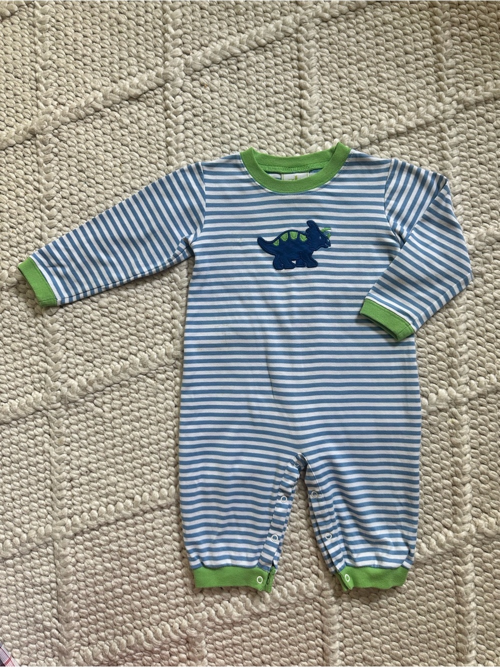 Adorable Blue & Green Striped Dino 🦖One-Piece Bodysuit for Kids.